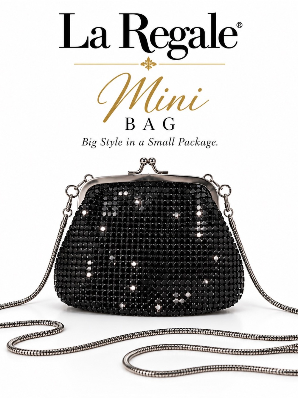 Vintage La Regale Black Metal Mesh Mini Evening Clutch Crossbody Kiss Lock